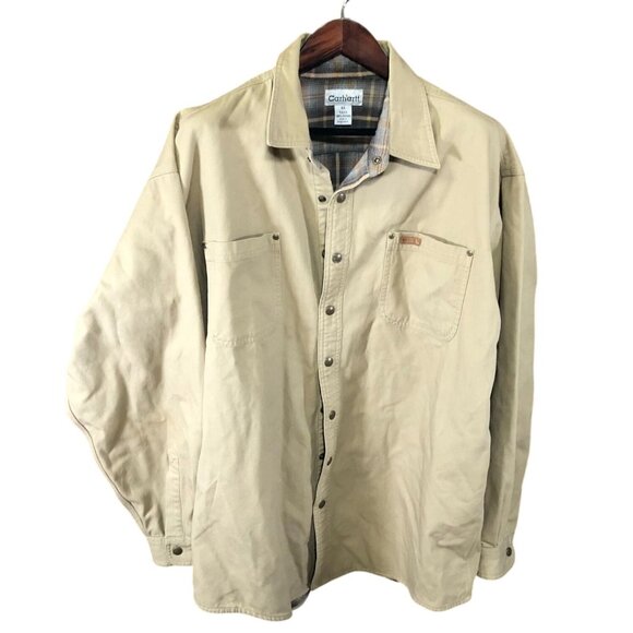 Vintage Carhartt Mens Shirt Jacket XLT Khaki Flannel Lined Snap Shacket S96GKH - Picture 1 of 16